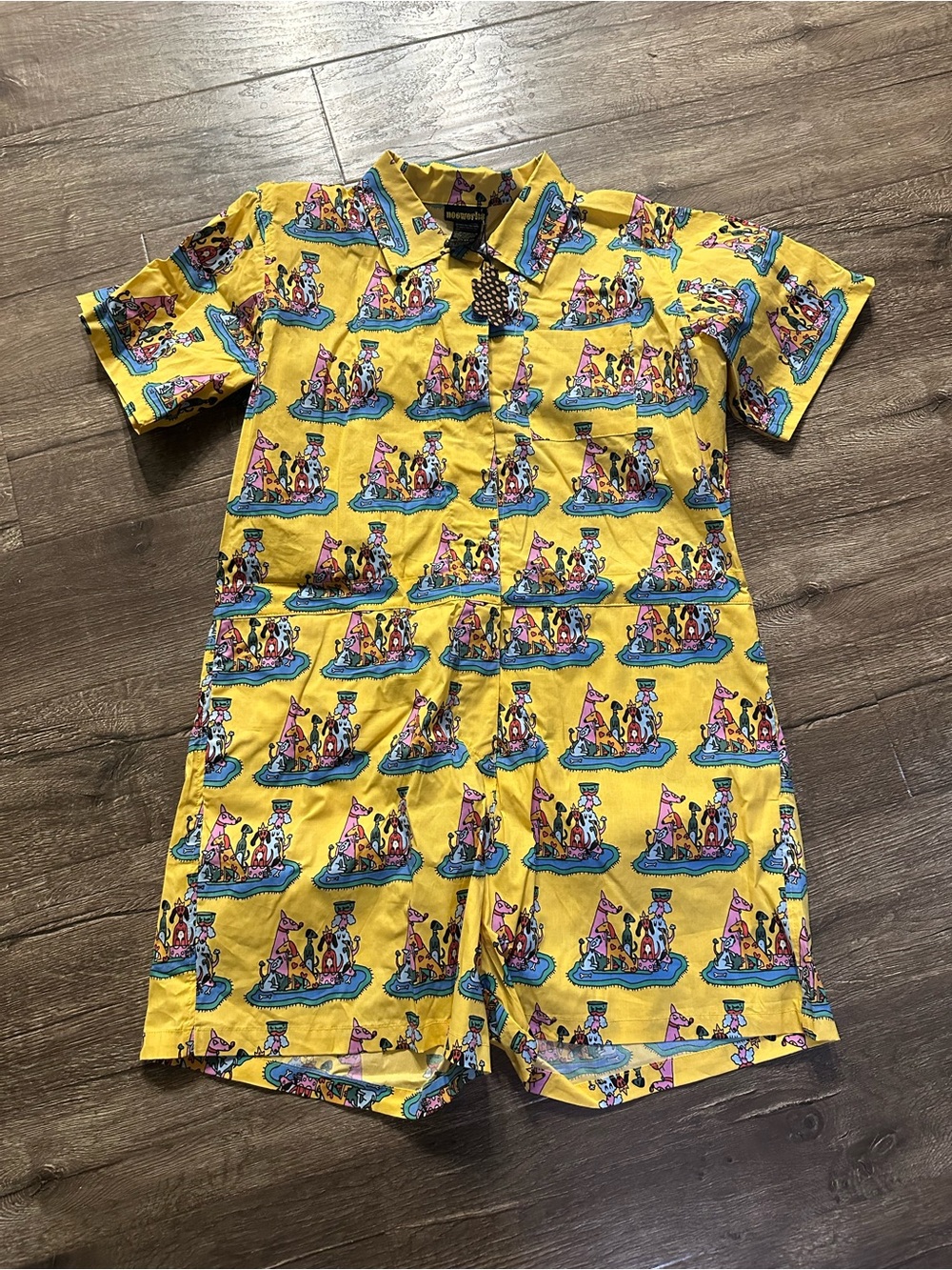 Nooworks Yellow Button-Front Romper with Dog Party Print